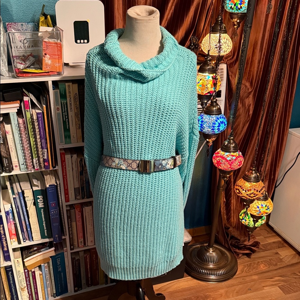Elegant Turquoise Cowl Neck Sweater with Belt